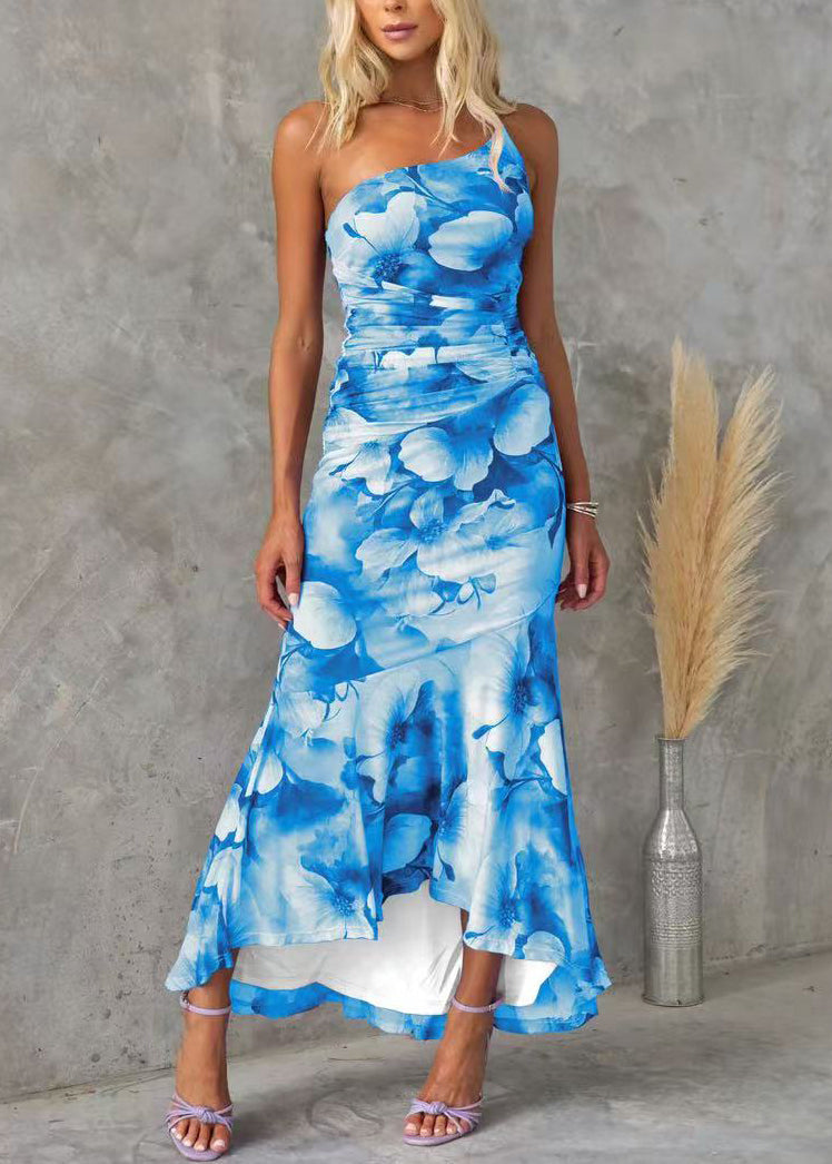 Sleeveless Print Cotton Long Slim Asymmetrical Dress Fit Blue