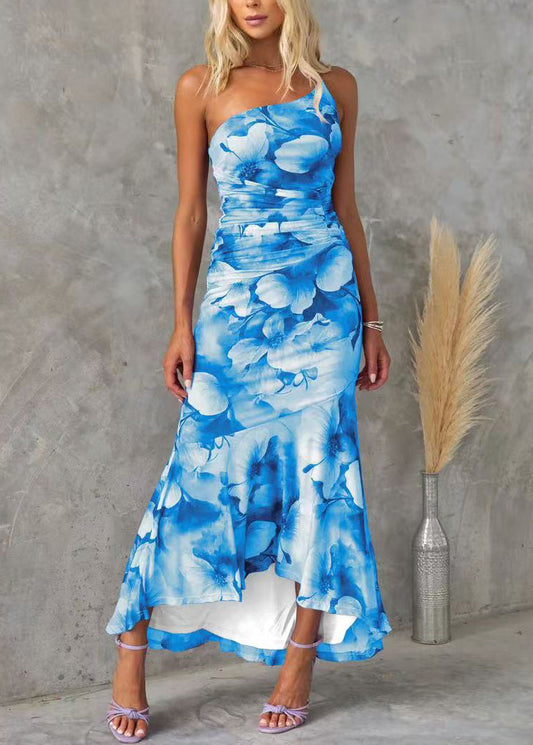 Sleeveless Print Cotton Long Slim Asymmetrical Dress Fit Blue