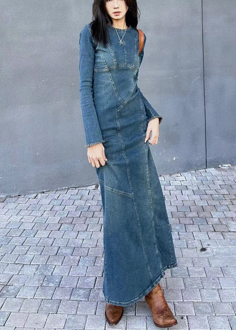 Side Back Slim Original Open Fit Blue Long Denim Dresses Design