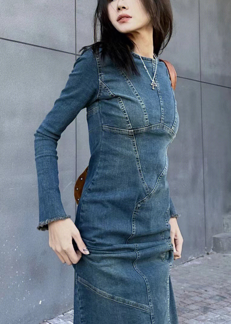 Side Back Slim Original Open Fit Blue Long Denim Dresses Design