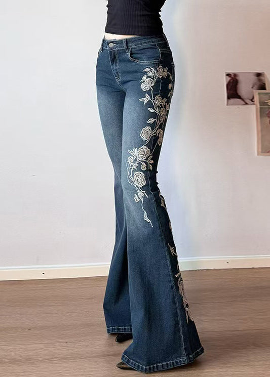 Flared Fit Denim Slim Summer Trousers Waist Blue High Embroidered