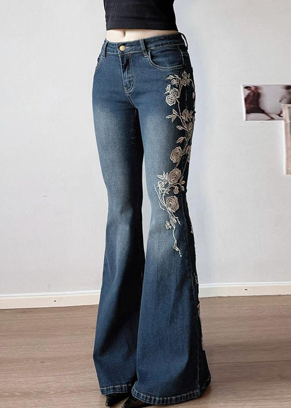 Flared Fit Denim Slim Summer Trousers Waist Blue High Embroidered