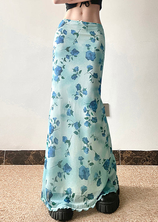 Slim Summer Skirt Print Waist Fit Blue High Tulle