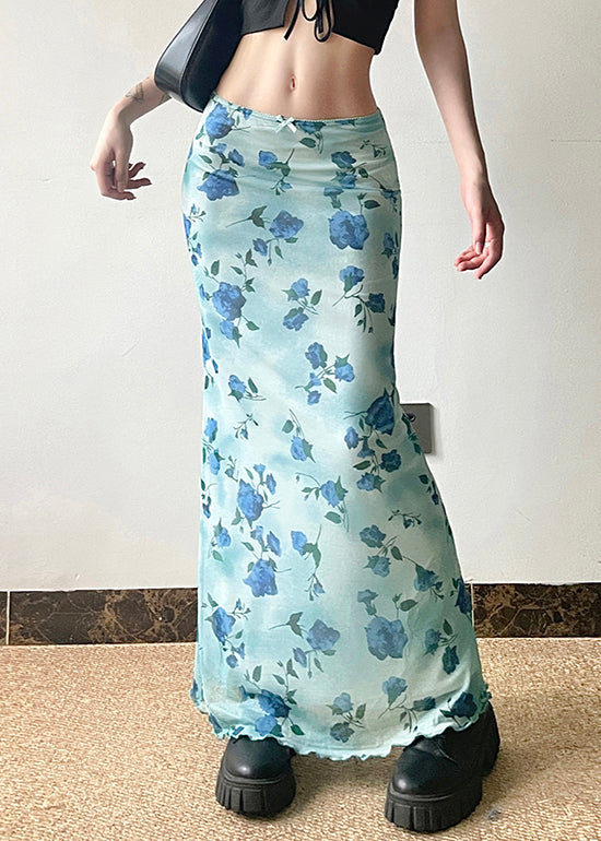 Slim Summer Skirt Print Waist Fit Blue High Tulle