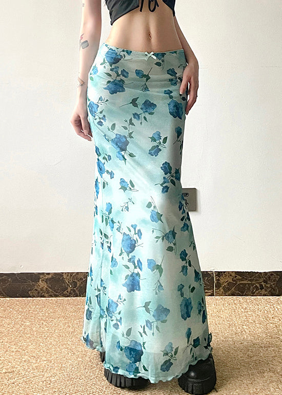 Slim Summer Skirt Print Waist Fit Blue High Tulle