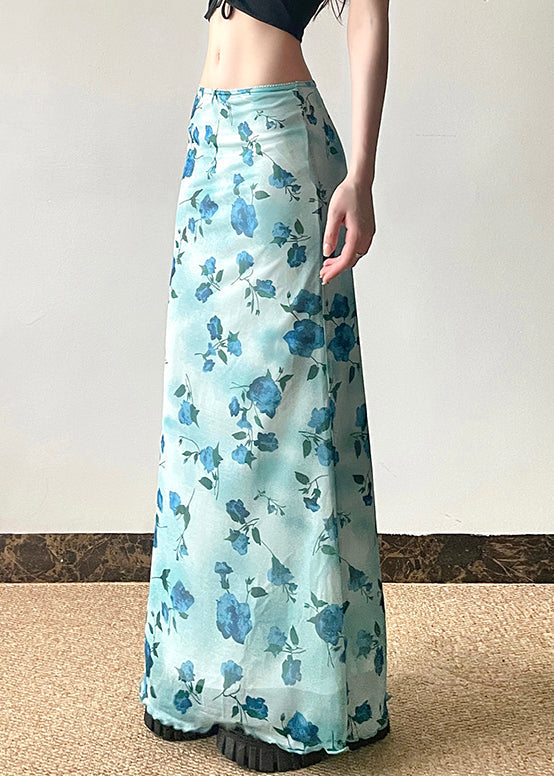 Slim Summer Skirt Print Waist Fit Blue High Tulle