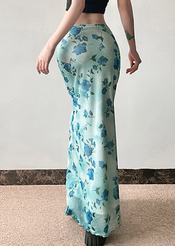 Slim Summer Skirt Print Waist Fit Blue High Tulle