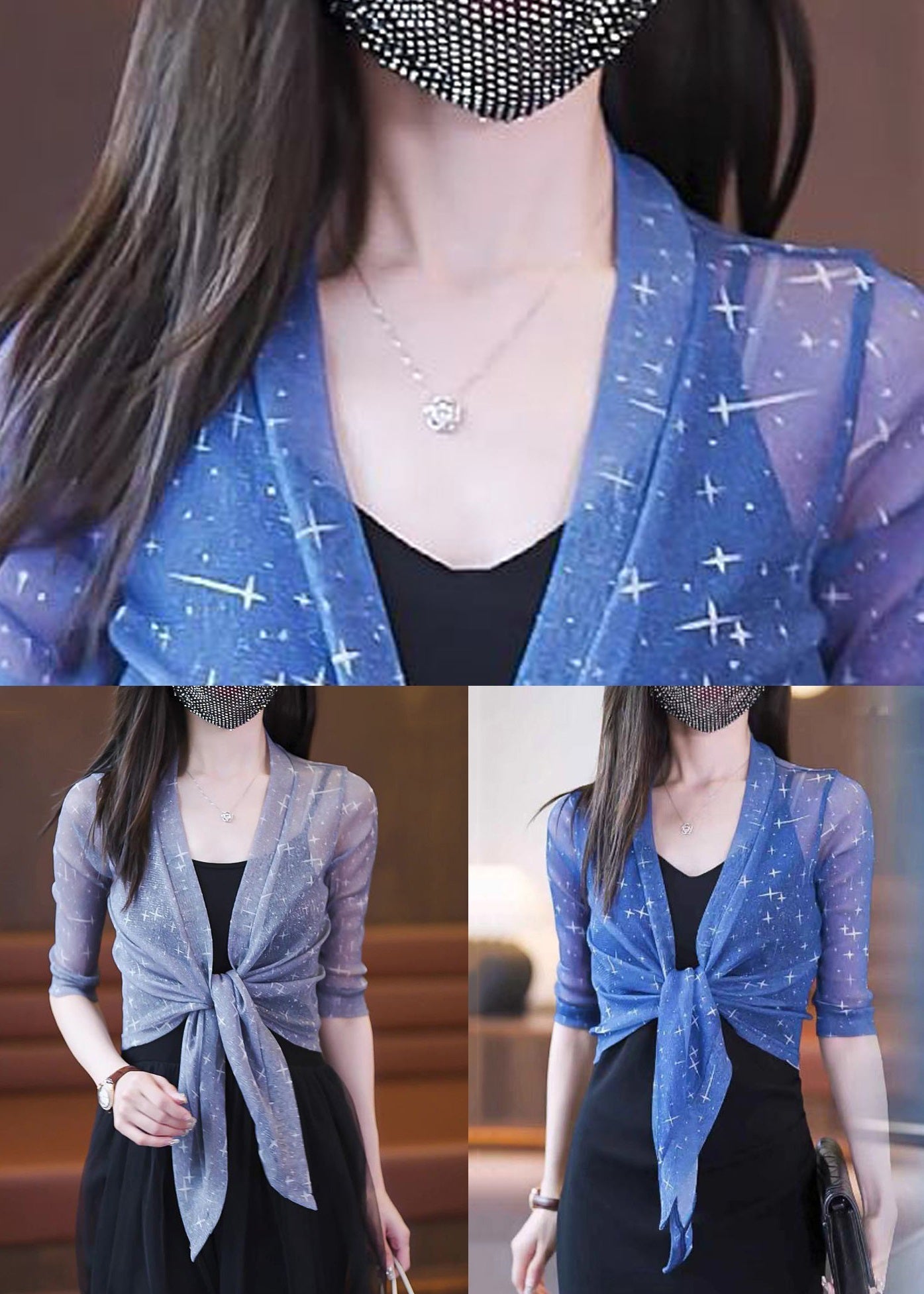 Slim Fit Blue V Neck Lace Up Tulle Cardigan Summer Ada Fashion