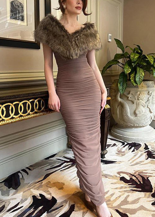 Slim Fit Brown Fur Collar Wrinkled Patchwork Cotton Long Dress Sleeveless YT019