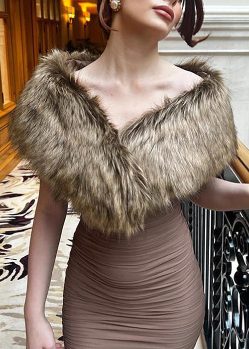Slim Fit Brown Fur Collar Wrinkled Patchwork Cotton Long Dress Sleeveless YT019