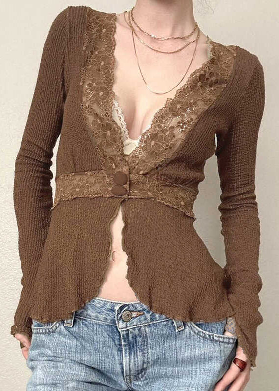 Tops Patchwork Knit Fit Spring Brown Slim Lace