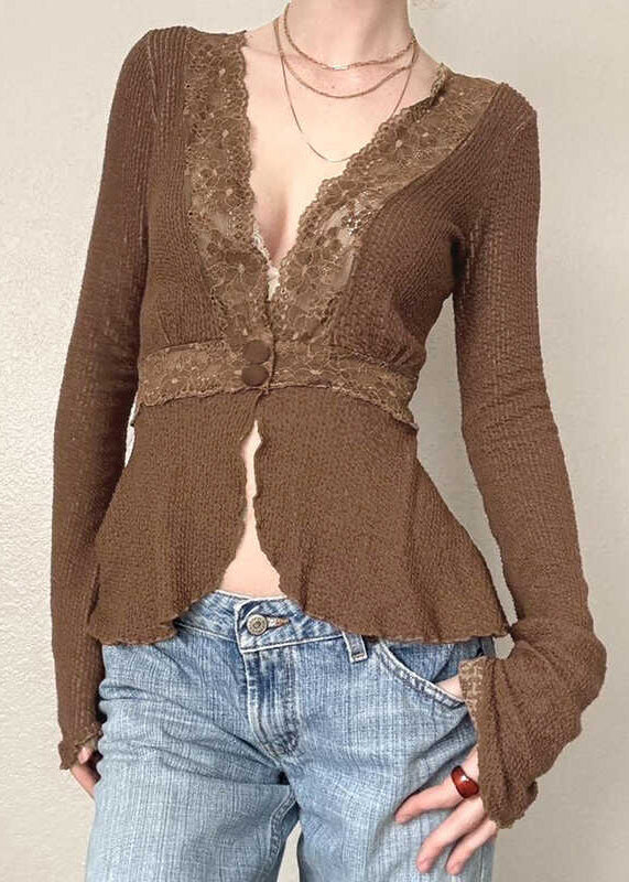 Tops Patchwork Knit Fit Spring Brown Slim Lace