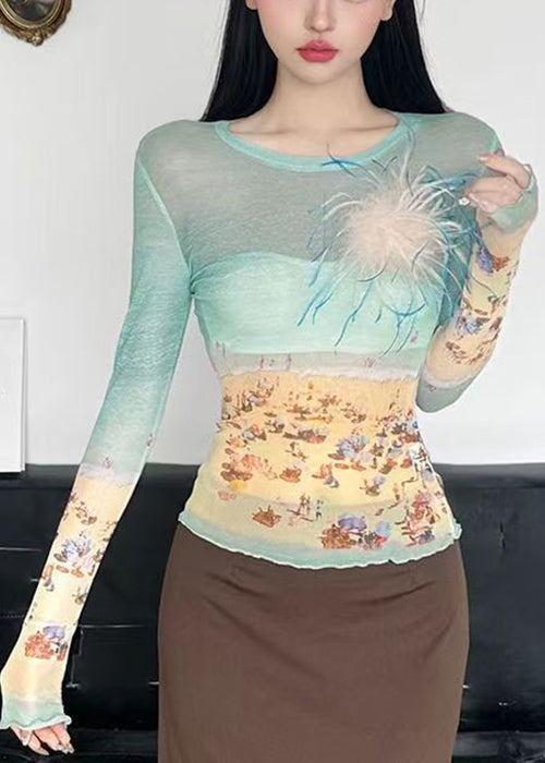 Summer T Colorblock Tulle O-Neck Shirts Slim Fit Print