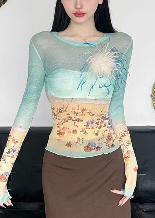 Summer T Colorblock Tulle O-Neck Shirts Slim Fit Print