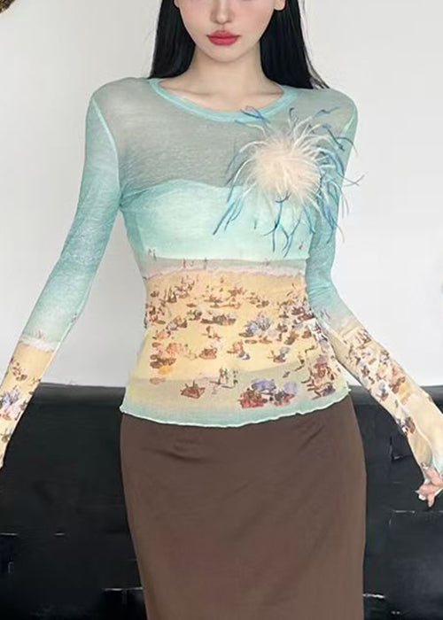 Summer T Colorblock Tulle O-Neck Shirts Slim Fit Print
