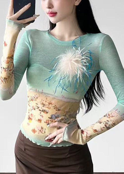 Summer T Colorblock Tulle O-Neck Shirts Slim Fit Print