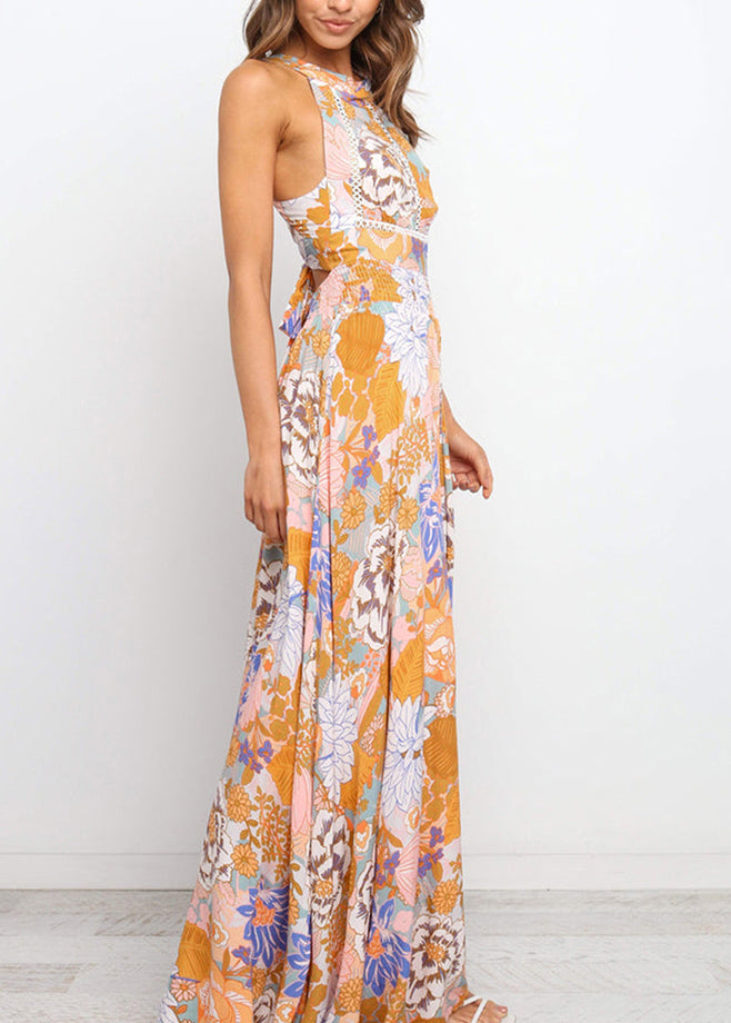 Colorblock Maxi Tunic Print Backless Sleeveless Slim Dresses Fit