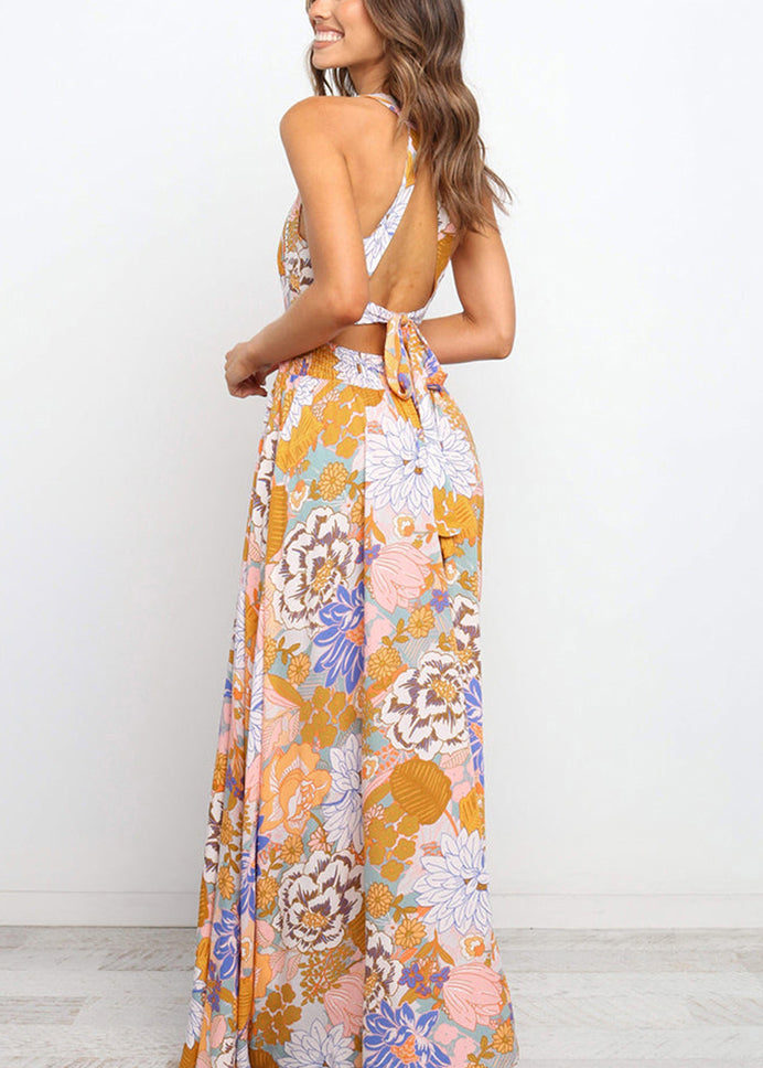 Colorblock Maxi Tunic Print Backless Sleeveless Slim Dresses Fit