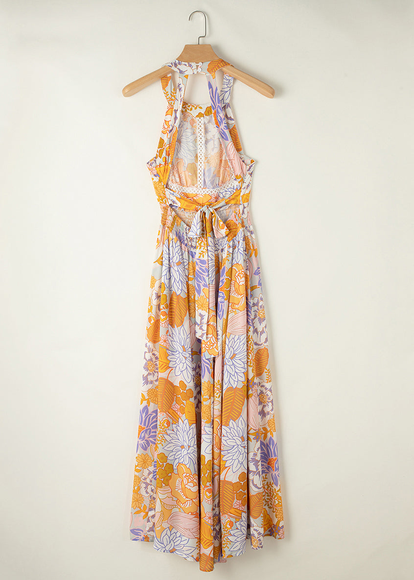 Colorblock Maxi Tunic Print Backless Sleeveless Slim Dresses Fit