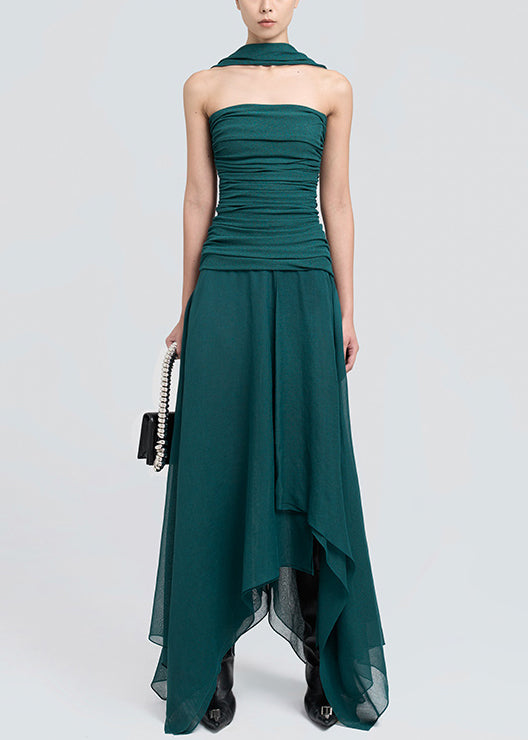 Maxi Dark Slim Shoulder Cold Wrinkled Fit Dresses Green Cotton