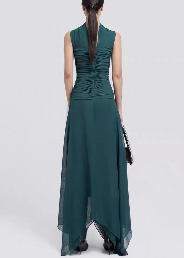 Maxi Dark Slim Shoulder Cold Wrinkled Fit Dresses Green Cotton