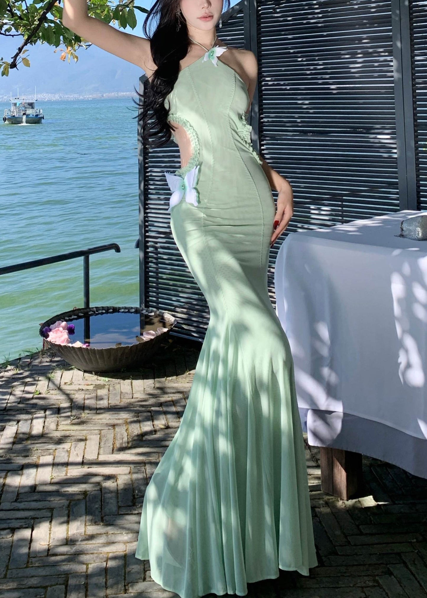 Summer Fishtail Out Dresses Fit Tulle Green Hollow Butterfly Slim