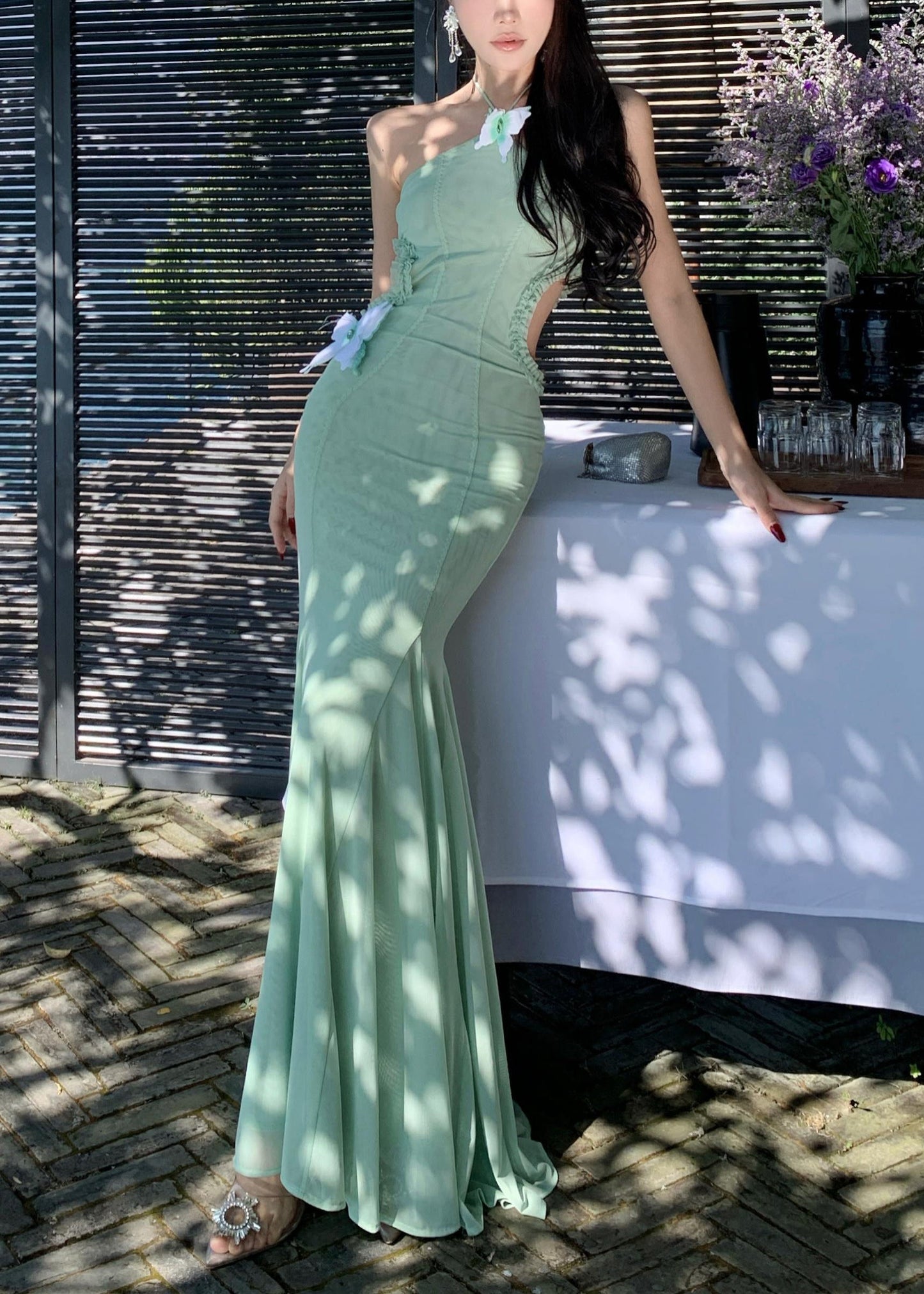 Summer Fishtail Out Dresses Fit Tulle Green Hollow Butterfly Slim
