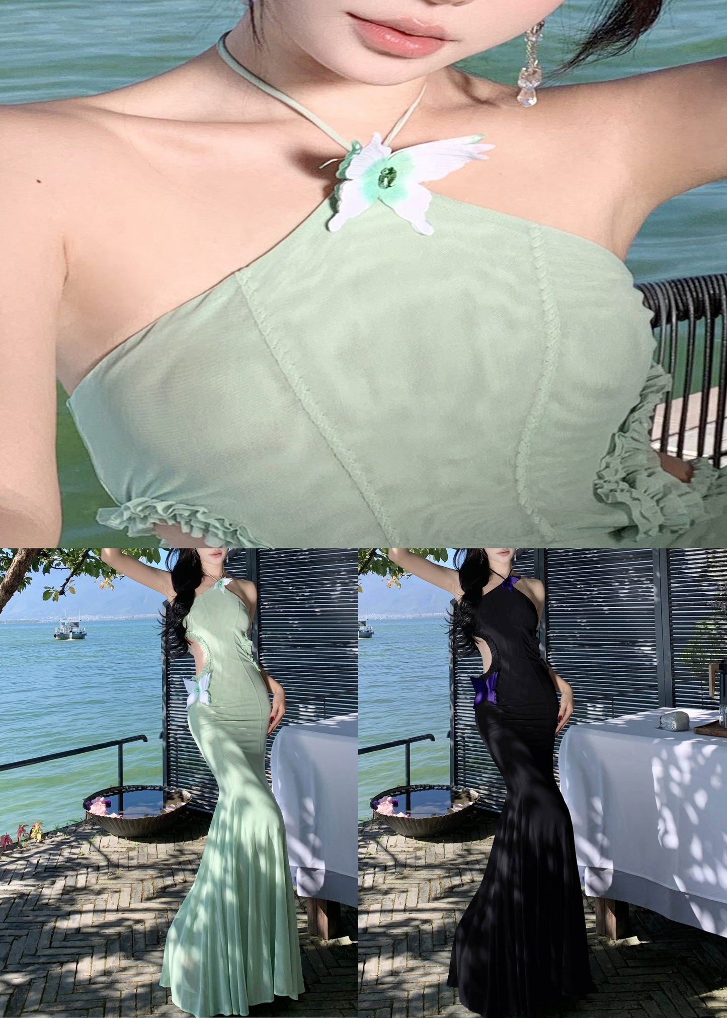 Summer Fishtail Out Dresses Fit Tulle Green Hollow Butterfly Slim