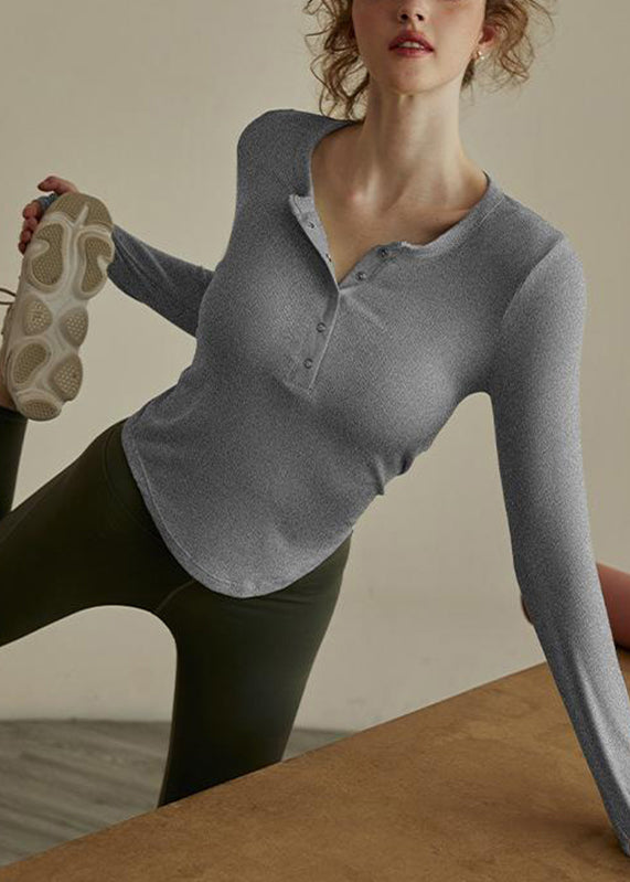 Green Fit Button Solid Slim Patchwork Yoga Top