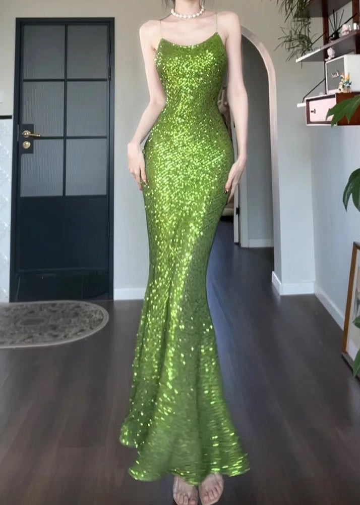 Solid Dress Sleeveless Spaghetti Fit Slim Strap Sequins Green