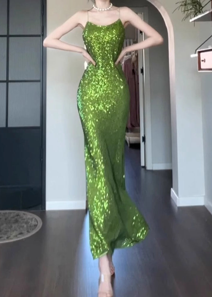 Solid Dress Sleeveless Spaghetti Fit Slim Strap Sequins Green