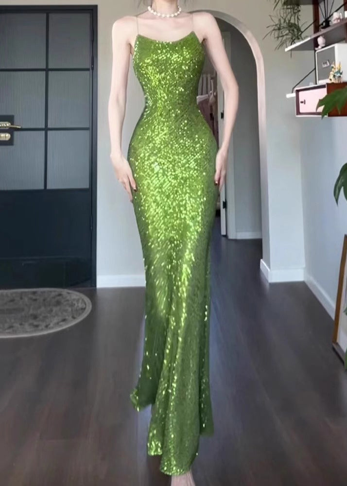 Solid Dress Sleeveless Spaghetti Fit Slim Strap Sequins Green
