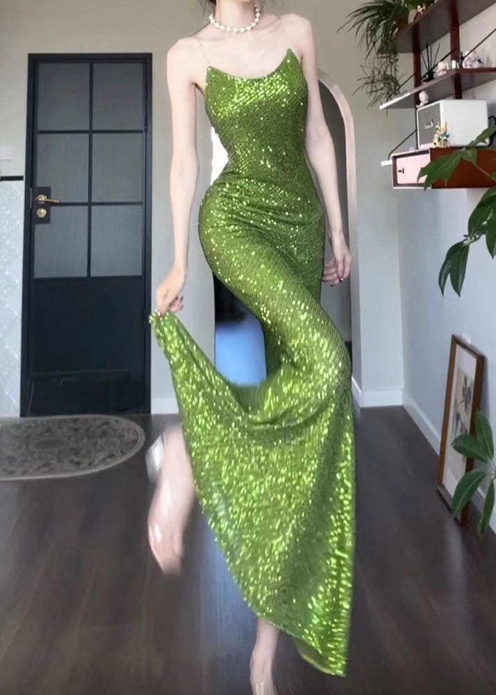 Solid Dress Sleeveless Spaghetti Fit Slim Strap Sequins Green