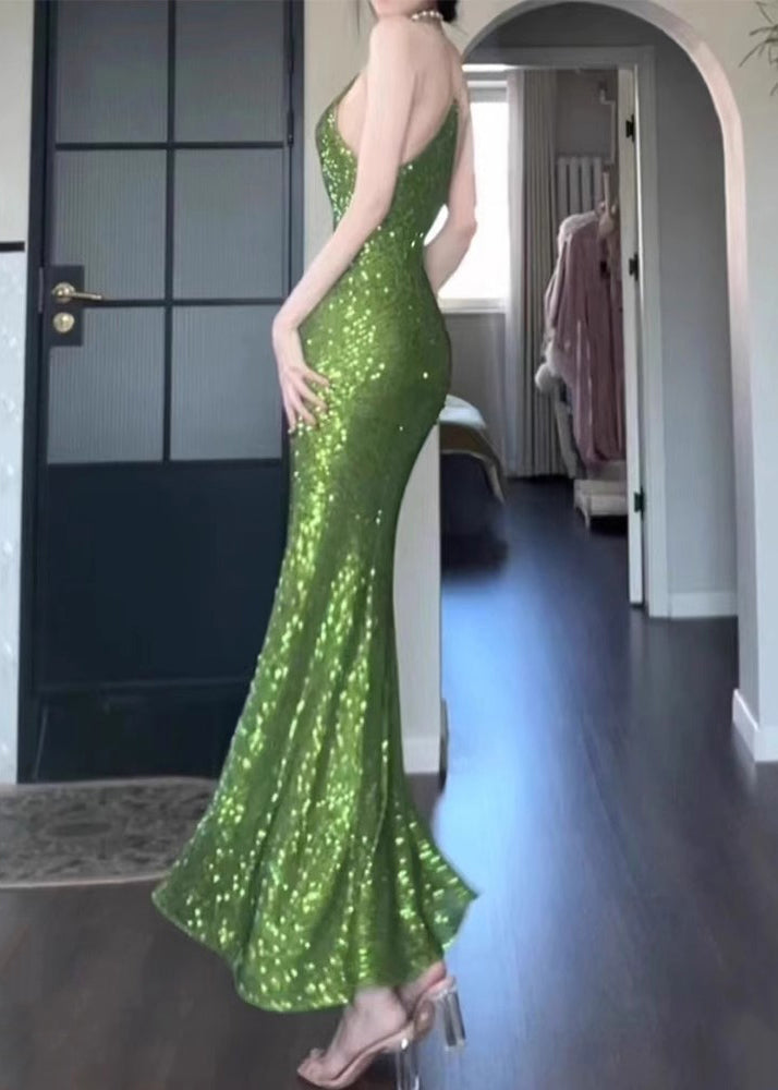 Solid Dress Sleeveless Spaghetti Fit Slim Strap Sequins Green