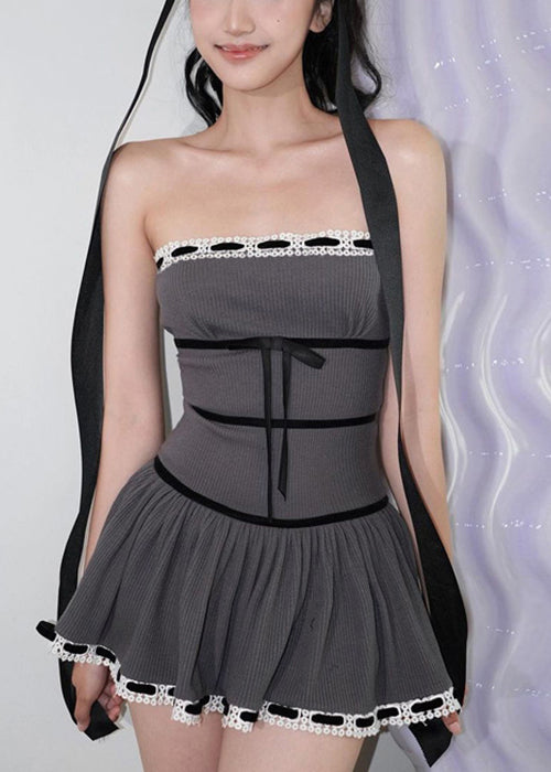 Grey Fit Shoulder Slim Cotton Cold Dress Mini Bow Sleeveless