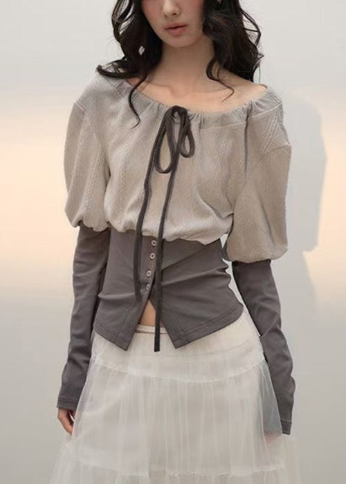 Fall Up Slim Patchwork T Lace Grey Cotton Shirts Fit