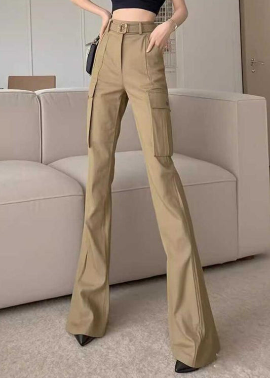 Waist Spring Pockets Cotton Bottoms Slim High Khaki Flare Fit