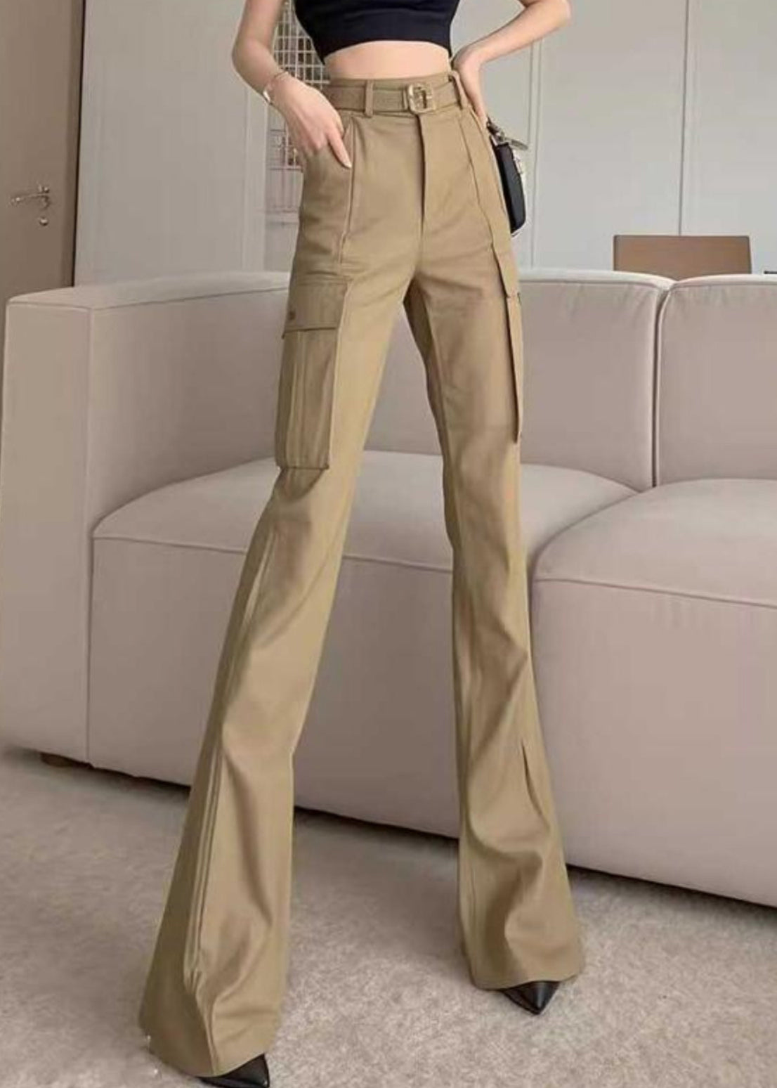 Waist Spring Pockets Cotton Bottoms Slim High Khaki Flare Fit