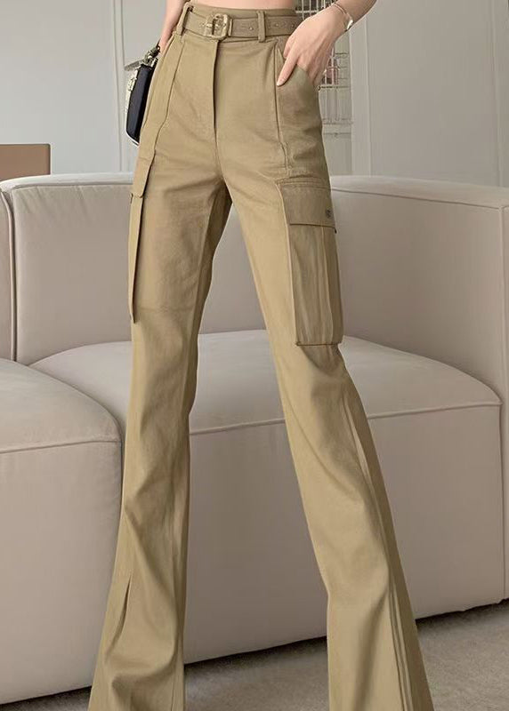 Waist Spring Pockets Cotton Bottoms Slim High Khaki Flare Fit