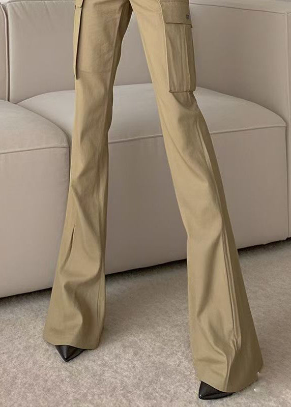 Waist Spring Pockets Cotton Bottoms Slim High Khaki Flare Fit