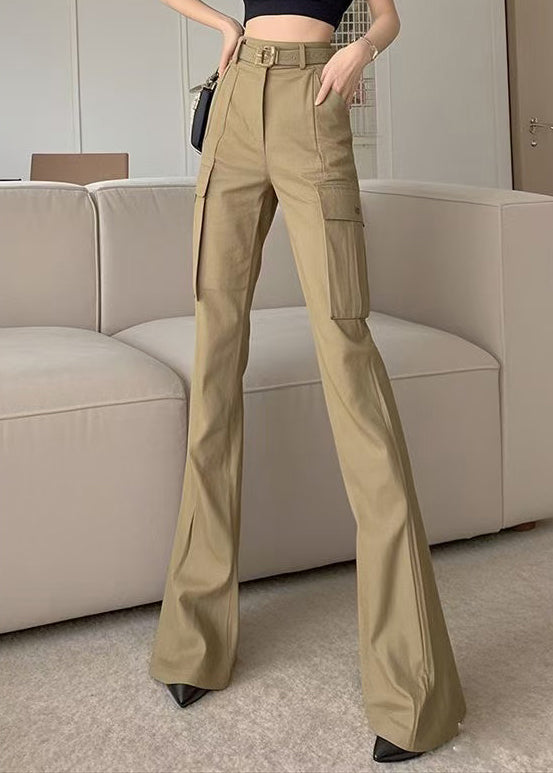 Waist Spring Pockets Cotton Bottoms Slim High Khaki Flare Fit