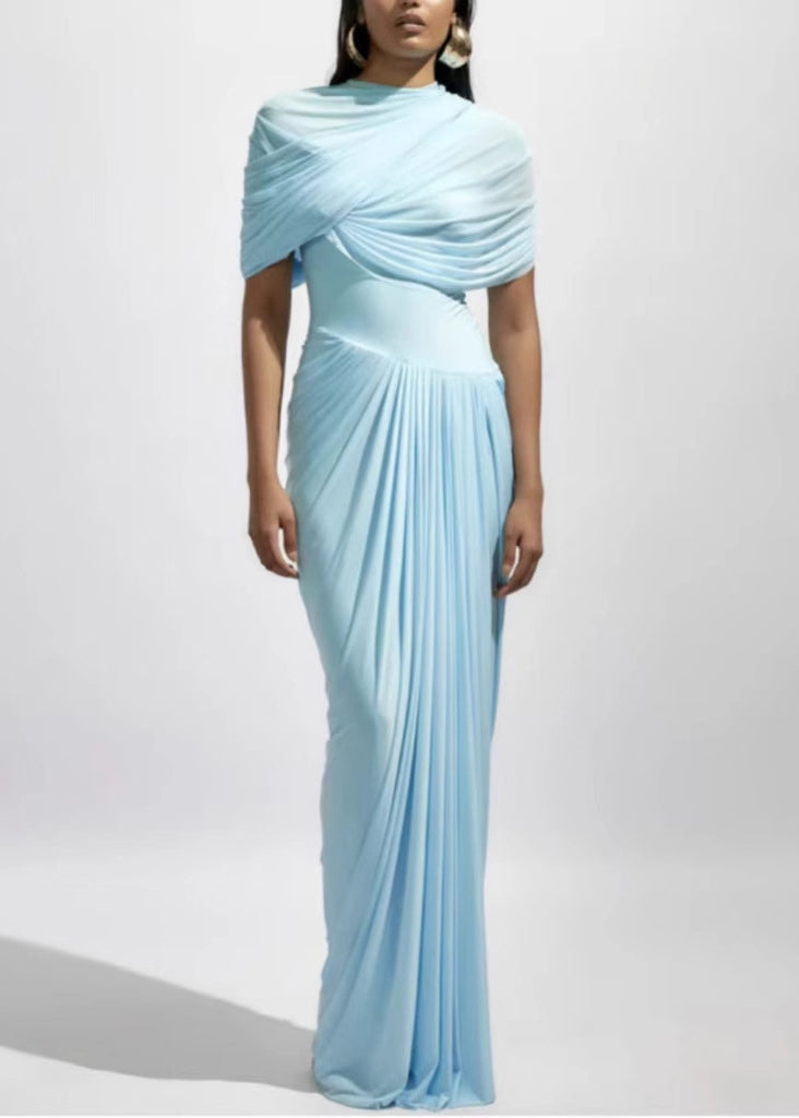 High Light Wrinkled Dresses Solid Slim Blue Maxi Waist Cotton Fit