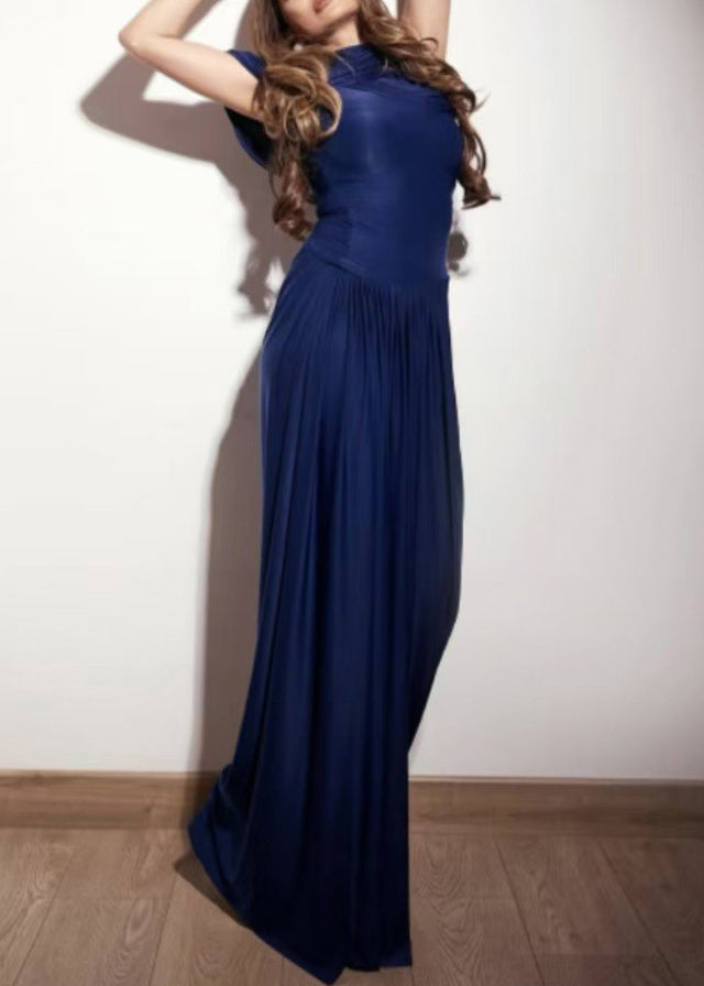 High Light Wrinkled Dresses Solid Slim Blue Maxi Waist Cotton Fit