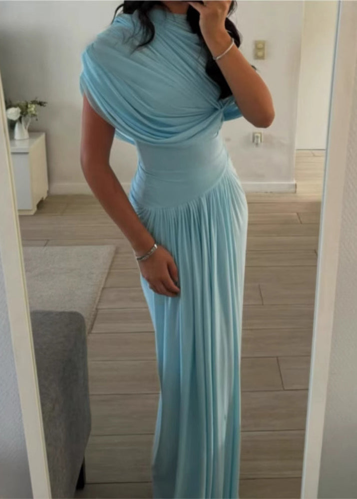 High Light Wrinkled Dresses Solid Slim Blue Maxi Waist Cotton Fit