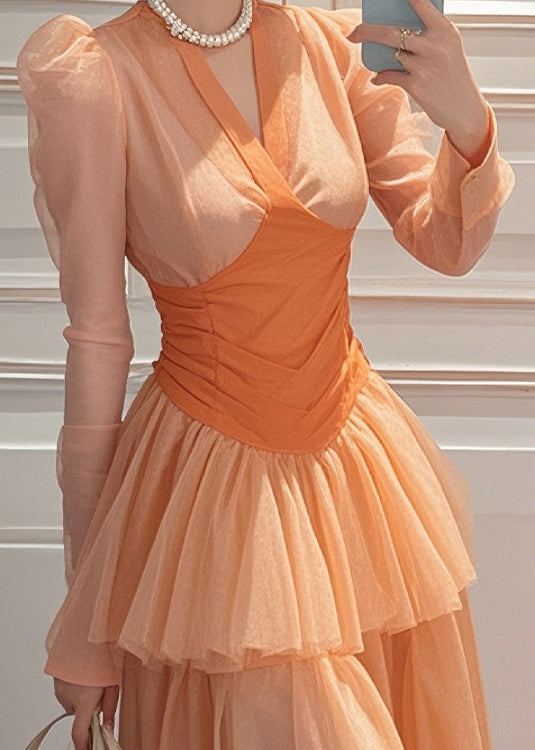 Long Fit Spring Patchwork Chiffon Orange Slim Wrinkled Dresses