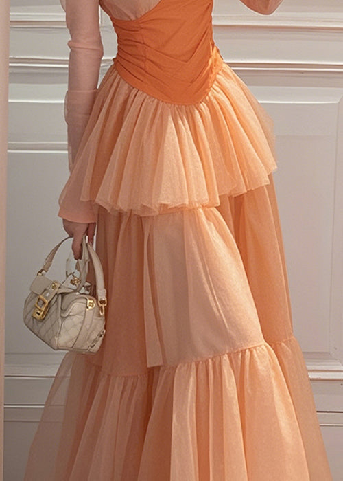 Long Fit Spring Patchwork Chiffon Orange Slim Wrinkled Dresses