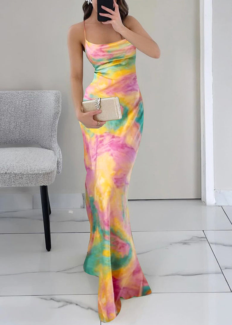 Print Spaghetti Slim Pink Fit High Strap Waist Dress Sleeveless