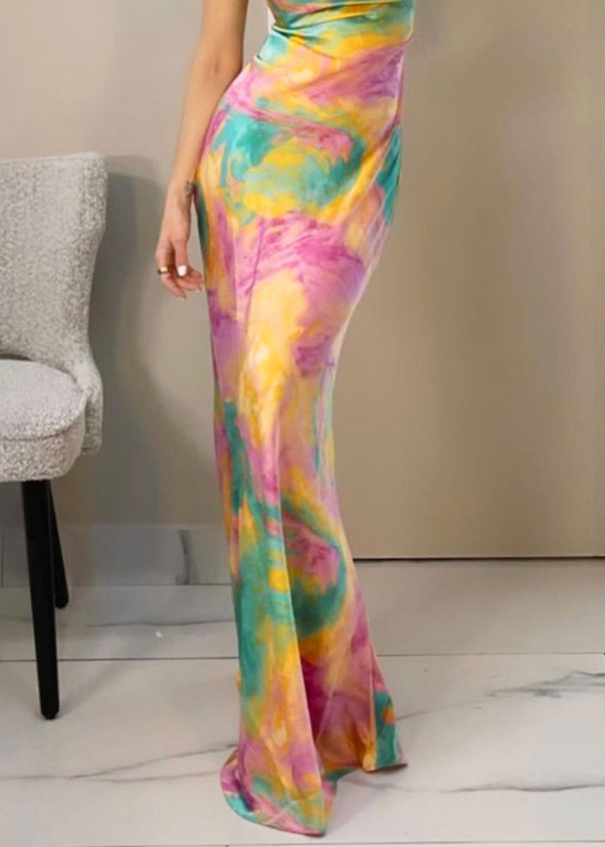 Print Spaghetti Slim Pink Fit High Strap Waist Dress Sleeveless