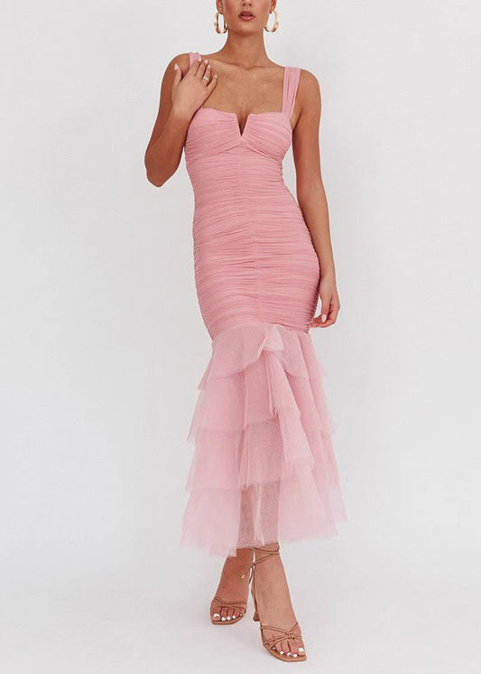 Wrinkled Patchwork Dress Sleeveless Tulle Fit Long Pink Slim
