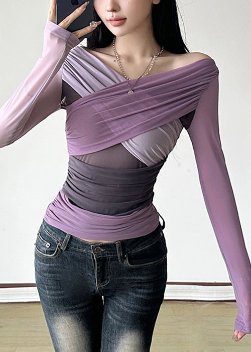 Patchwork Spring Slim Asymmetrical Fit Purple Shirts T Tulle